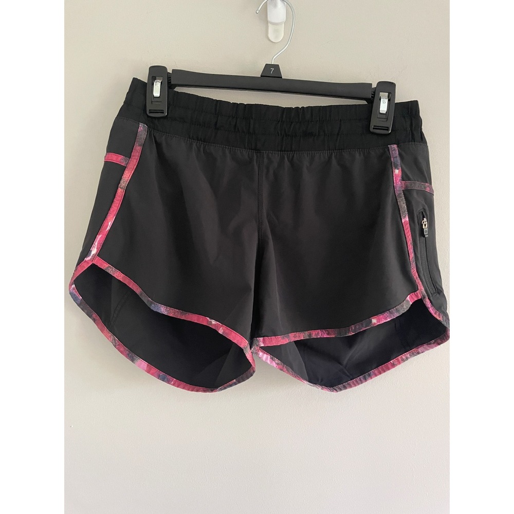 Lululemon Run Times Shorts Black Pink Floral Trim Zipper Pocket Womens Size 12